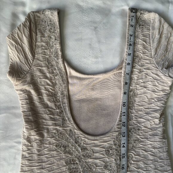 Free People Textured Beaded Scoop Neck Mini Dress Light Beige Short Sleeve - Picture 10 of 11